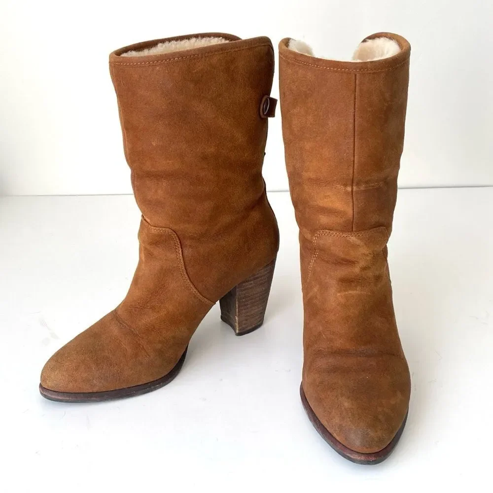 UGG Brown Suede Shepherd Healed Boots Sz 6 Boho Western Romantic Coastal Cowgirl